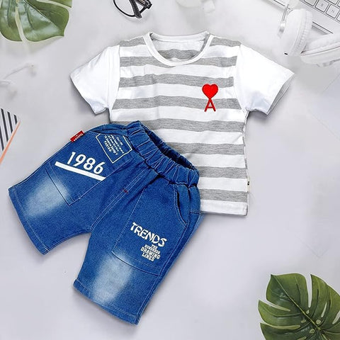 Half Sleeve Stripe T-shirt & Denim Shorts Set for Boys