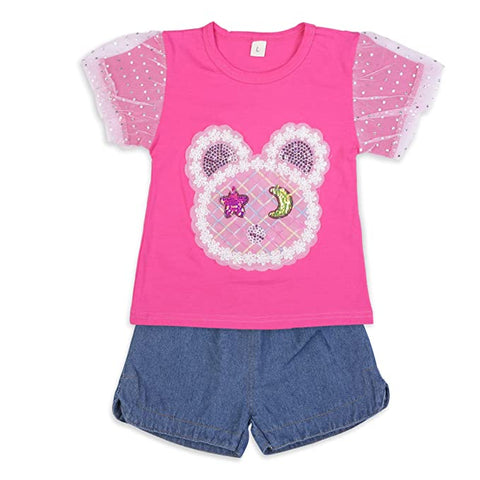 Adorable Bear Sequin Patch T-shirt and Denim Shorts Set for Infant Toddler Baby Girls