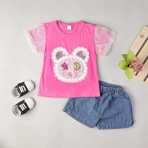 Adorable Bear Sequin Patch T-shirt and Denim Shorts Set for Infant Toddler Baby Girls