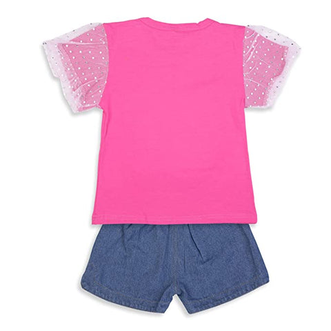 Adorable Bear Sequin Patch T-shirt and Denim Shorts Set for Infant Toddler Baby Girls