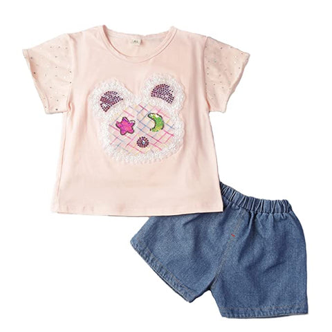 Adorable Bear Sequin Patch T-shirt and Denim Shorts Set for Infant Toddler Baby Girls