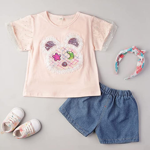 Adorable Bear Sequin Patch T-shirt and Denim Shorts Set for Infant Toddler Baby Girls