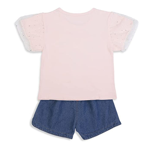 Adorable Bear Sequin Patch T-shirt and Denim Shorts Set for Infant Toddler Baby Girls