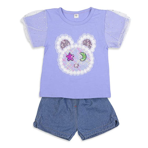 Adorable Bear Sequin Patch T-shirt and Denim Shorts Set for Infant Toddler Baby Girls