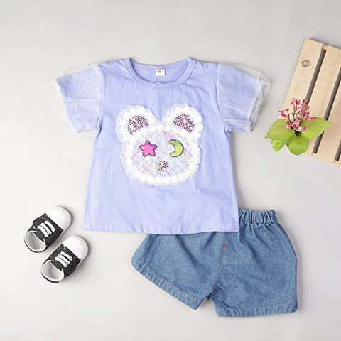 Adorable Bear Sequin Patch T-shirt and Denim Shorts Set for Infant Toddler Baby Girls