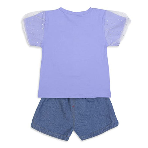 Adorable Bear Sequin Patch T-shirt and Denim Shorts Set for Infant Toddler Baby Girls