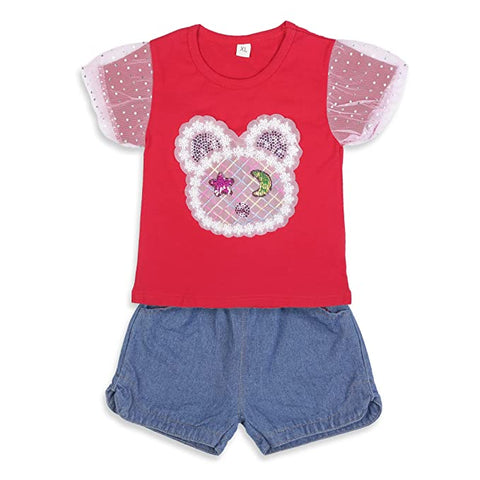 Adorable Bear Sequin Patch T-shirt and Denim Shorts Set for Infant Toddler Baby Girls