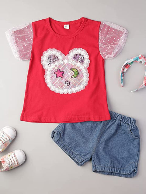 Adorable Bear Sequin Patch T-shirt and Denim Shorts Set for Infant Toddler Baby Girls