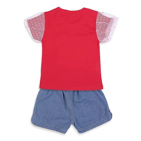 Adorable Bear Sequin Patch T-shirt and Denim Shorts Set for Infant Toddler Baby Girls
