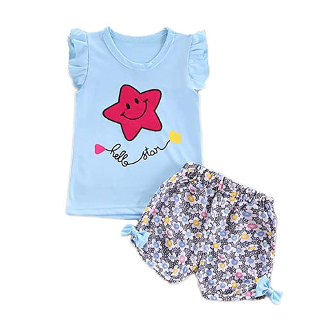 Smiling Star Print Girls T-shirt Top & Floral Shorts Summer Clothing Set for Baby Girls