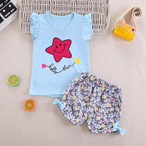 Smiling Star Print Girls T-shirt Top & Floral Shorts Summer Clothing Set for Baby Girls