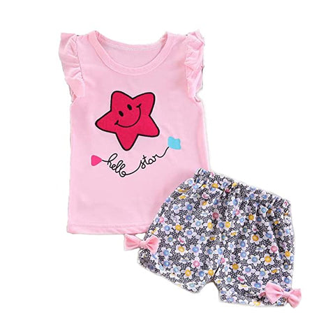 Smiling Star Print Girls T-shirt Top & Floral Shorts Summer Clothing Set for Baby Girls