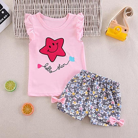 Smiling Star Print Girls T-shirt Top & Floral Shorts Summer Clothing Set for Baby Girls