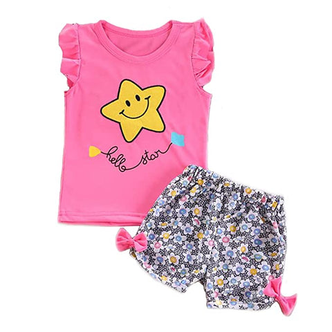 Smiling Star Print Girls T-shirt Top & Floral Shorts Summer Clothing Set for Baby Girls