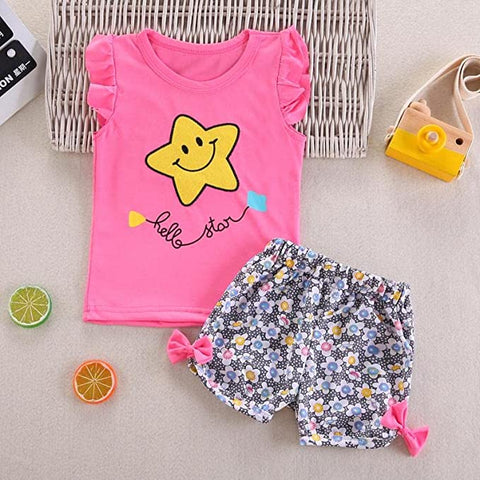 Smiling Star Print Girls T-shirt Top & Floral Shorts Summer Clothing Set for Baby Girls