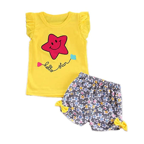 Smiling Star Print Girls T-shirt Top & Floral Shorts Summer Clothing Set for Baby Girls