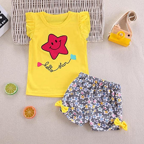 Smiling Star Print Girls T-shirt Top & Floral Shorts Summer Clothing Set for Baby Girls