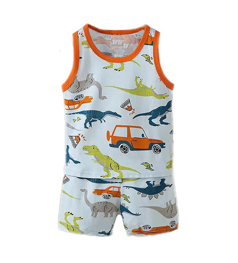 Cartoon Printed Sleeveless T-Shirt & Shorts Sets