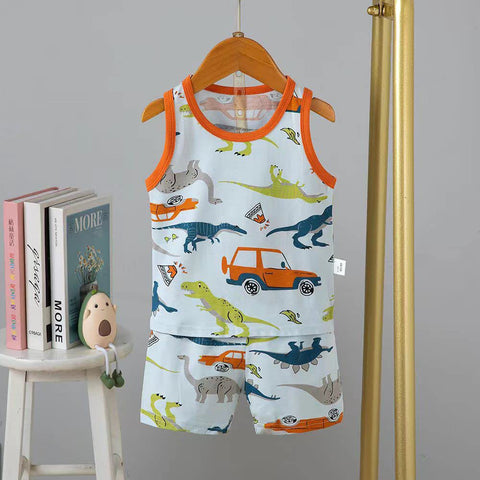Cartoon Printed Sleeveless T-Shirt & Shorts Sets