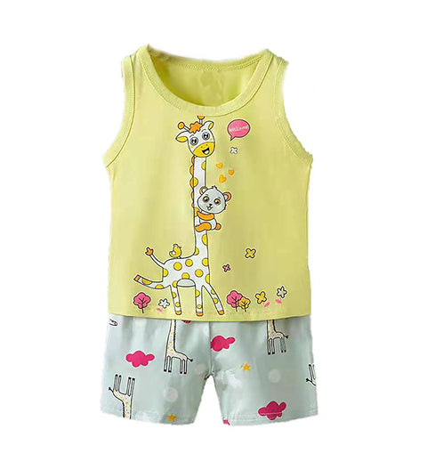 Cartoon Printed Sleeveless T-Shirt & Shorts Sets