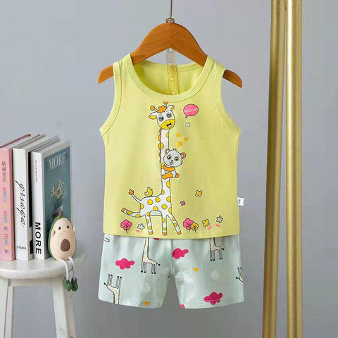 Cartoon Printed Sleeveless T-Shirt & Shorts Sets
