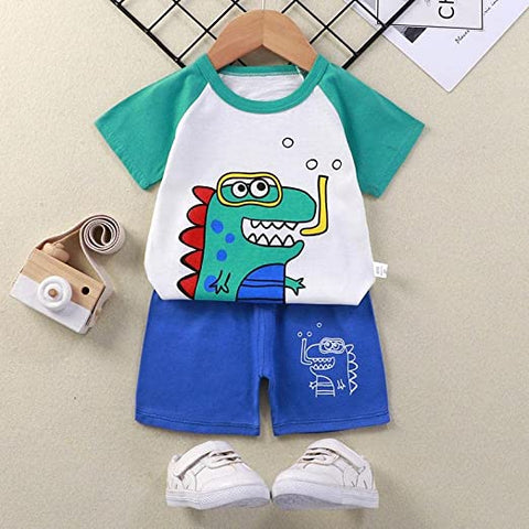 Roaring Jungle Fun Cartoon T-shirt and Shorts Set for Kids