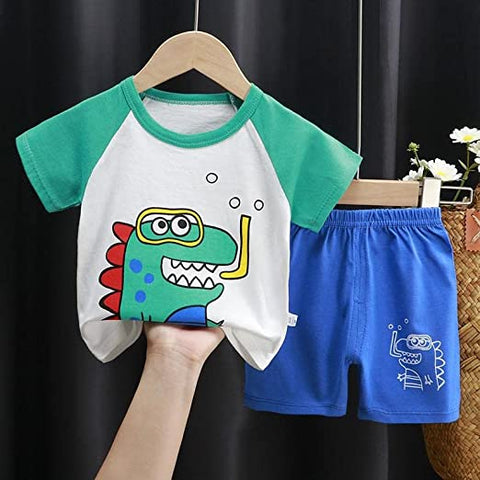 Roaring Jungle Fun Cartoon T-shirt and Shorts Set for Kids