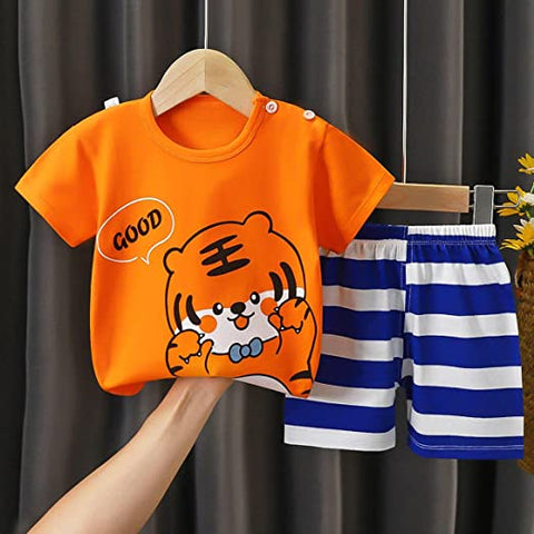 Roaring Jungle Fun Cartoon T-shirt and Shorts Set for Kids