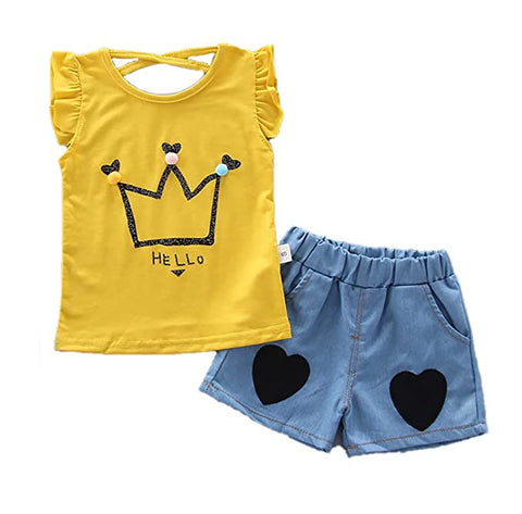 Cute Cartoon Crown Print Girls T-shirt Top & Shorts Summer Casual Clothing Set for Baby Girls