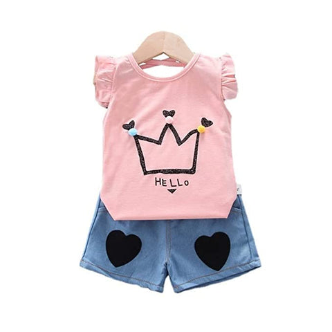 Cute Cartoon Crown Print Girls T-shirt Top & Shorts Summer Casual Clothing Set for Baby Girls