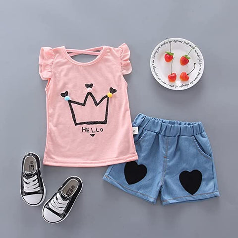 Cute Cartoon Crown Print Girls T-shirt Top & Shorts Summer Casual Clothing Set for Baby Girls