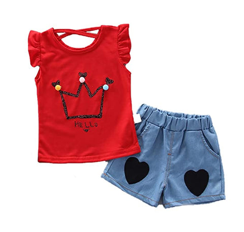 Cute Cartoon Crown Print Girls T-shirt Top & Shorts Summer Casual Clothing Set for Baby Girls
