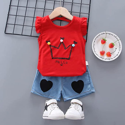 Cute Cartoon Crown Print Girls T-shirt Top & Shorts Summer Casual Clothing Set for Baby Girls