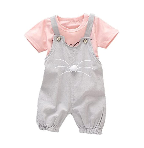 Cute Hamster Bunny Cartoon Print Half Sleeve T-shirt Top with Dungaree Shorts Jumpsuit for Girls Kids