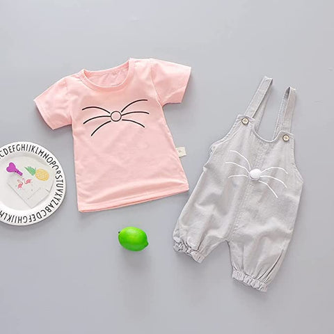Cute Hamster Bunny Cartoon Print Half Sleeve T-shirt Top with Dungaree Shorts Jumpsuit for Girls Kids