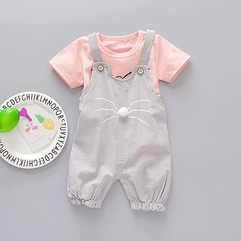 Cute Hamster Bunny Cartoon Print Half Sleeve T-shirt Top with Dungaree Shorts Jumpsuit for Girls Kids