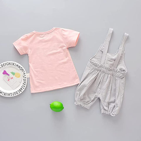 Cute Hamster Bunny Cartoon Print Half Sleeve T-shirt Top with Dungaree Shorts Jumpsuit for Girls Kids