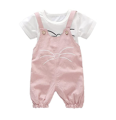 Cute Hamster Bunny Cartoon Print Half Sleeve T-shirt Top with Dungaree Shorts Jumpsuit for Girls Kids