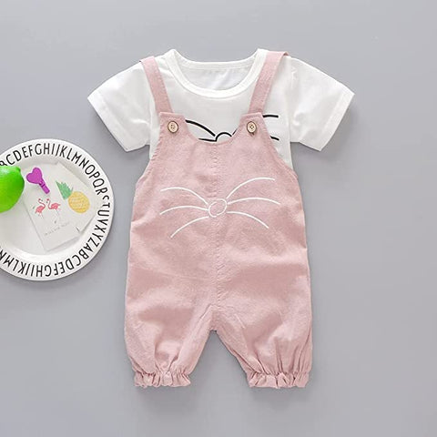 Cute Hamster Bunny Cartoon Print Half Sleeve T-shirt Top with Dungaree Shorts Jumpsuit for Girls Kids