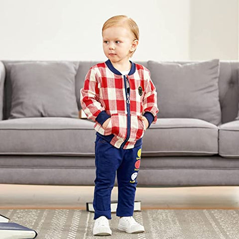 Kids Plaid Check Happy Face Print T-shirt with Jacket & Pants 3 piece Winter Clothing Set