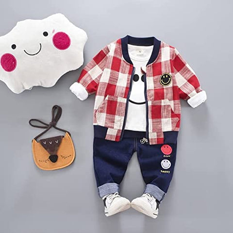 Kids Plaid Check Happy Face Print T-shirt with Jacket & Pants 3 piece Winter Clothing Set