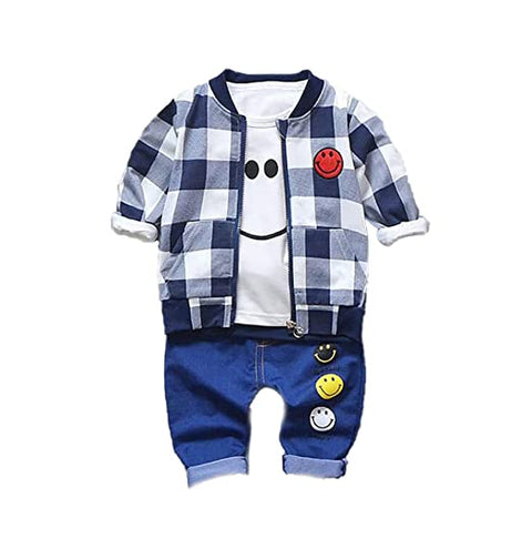 Kids Plaid Check Happy Face Print T-shirt with Jacket & Pants 3 piece Winter Clothing Set
