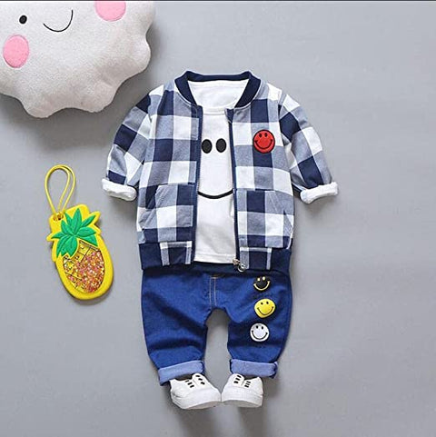 Kids Plaid Check Happy Face Print T-shirt with Jacket & Pants 3 piece Winter Clothing Set
