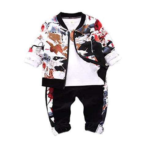 Kids Abstract Print T-shirt with Jacket & Jogger Pants 3 piece Clothing Set for Infant Toddler Kids
