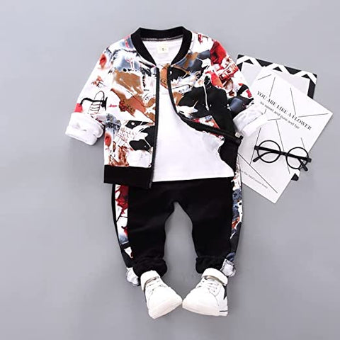 Kids Abstract Print T-shirt with Jacket & Jogger Pants 3 piece Clothing Set for Infant Toddler Kids
