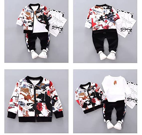Kids Abstract Print T-shirt with Jacket & Jogger Pants 3 piece Clothing Set for Infant Toddler Kids