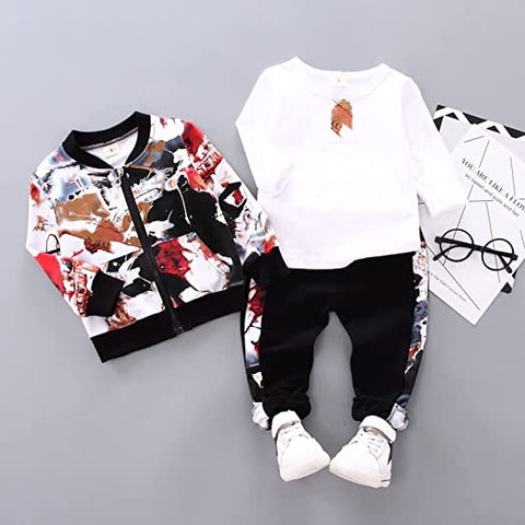 Kids Abstract Print T-shirt with Jacket & Jogger Pants 3 piece Clothing Set for Infant Toddler Kids