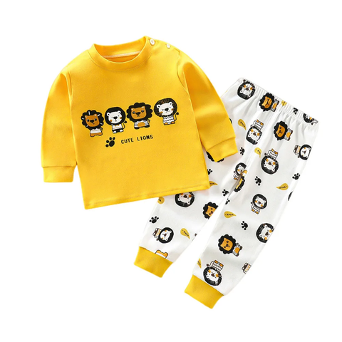 Full Sleeve Cartoon Print Cotton T-shirt & Pajama Pajama Clothing Set for Infant Toddler Baby Boy Girl Kids