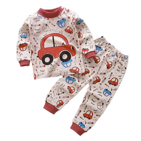 Full Sleeve Cartoon Print Cotton T-shirt & Pajama Pajama Clothing Set for Infant Toddler Baby Boy Girl Kids