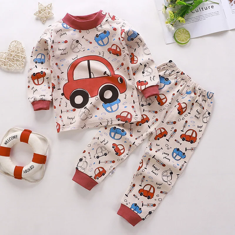 Full Sleeve Cartoon Print Cotton T-shirt & Pajama Pajama Clothing Set for Infant Toddler Baby Boy Girl Kids